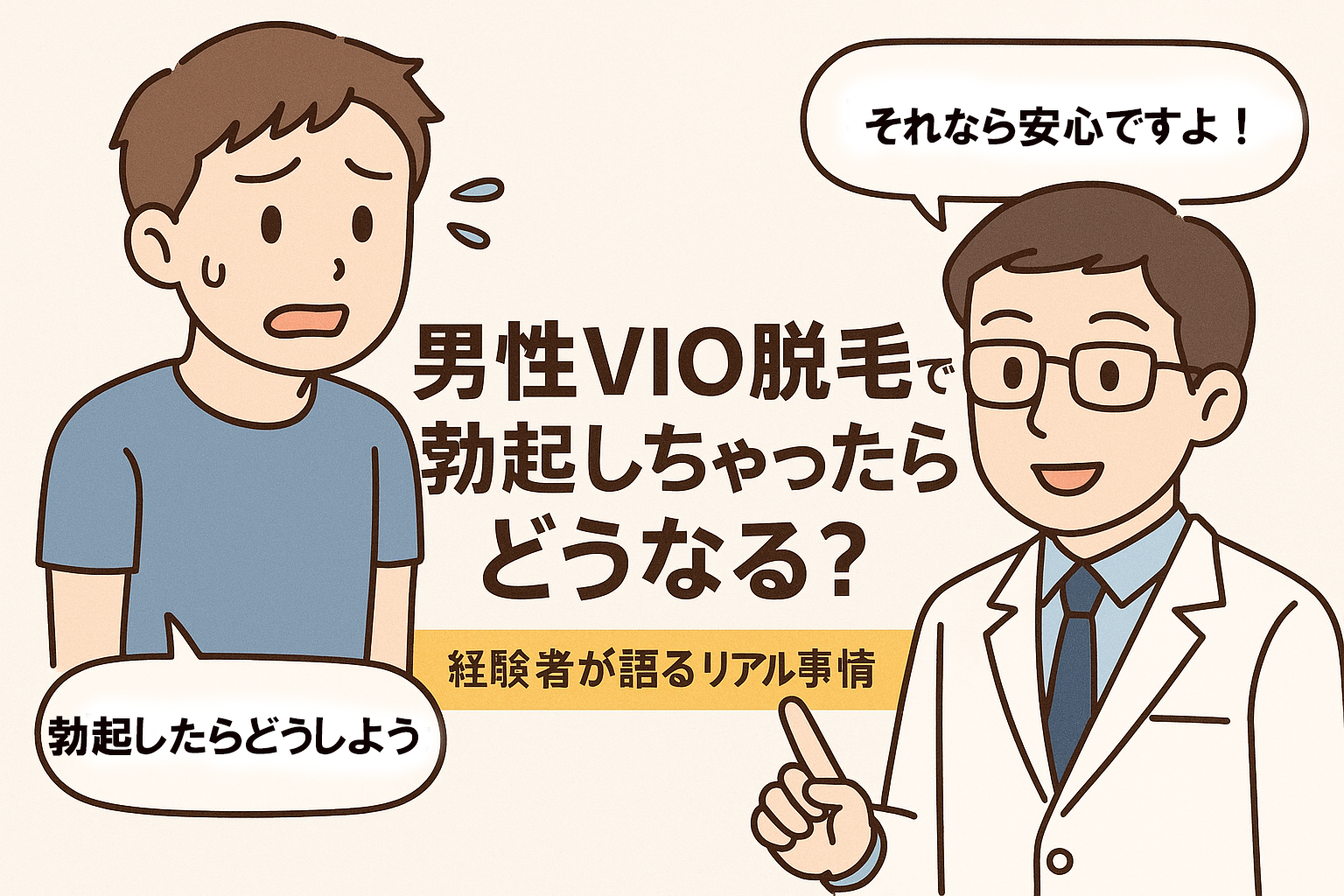 男性がVIO脱力中に勃起したらどうするか不安になっていて、それを安心させる男性のイラスト