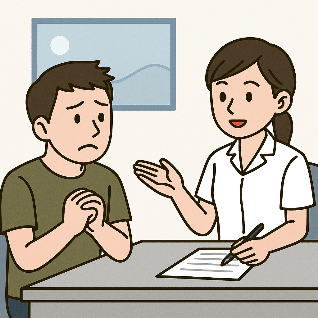 患者がお店の人に相談しているイラスト