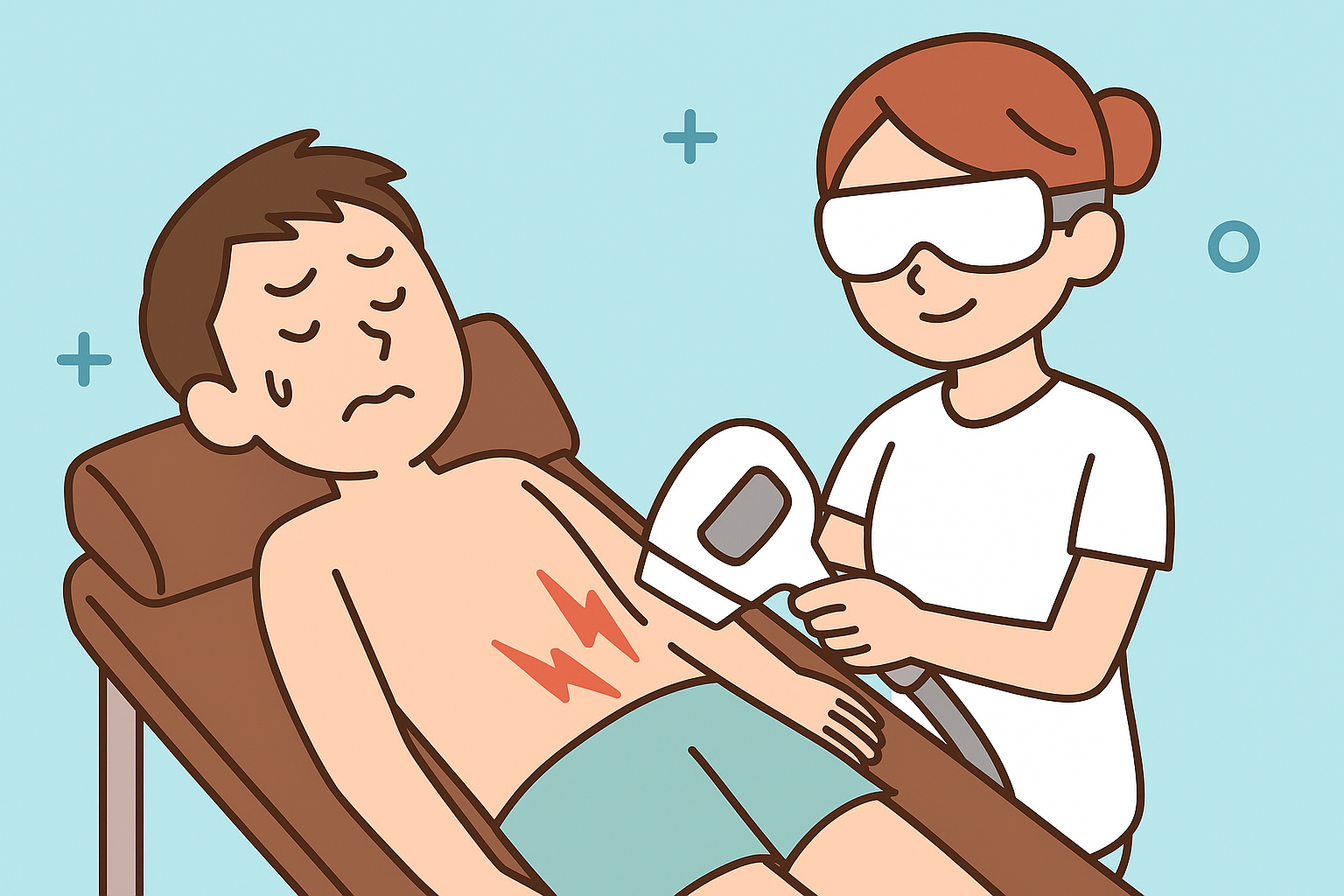 不安定な表情で脱毛中の男性イラスト