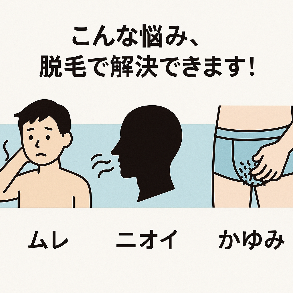 ムレ、ニオイ、痒み等の悩みは脱毛で解決と書いてあるイラスト