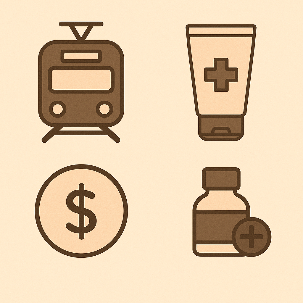 電車、麻酔クリーム、お金、サプリのイラスト