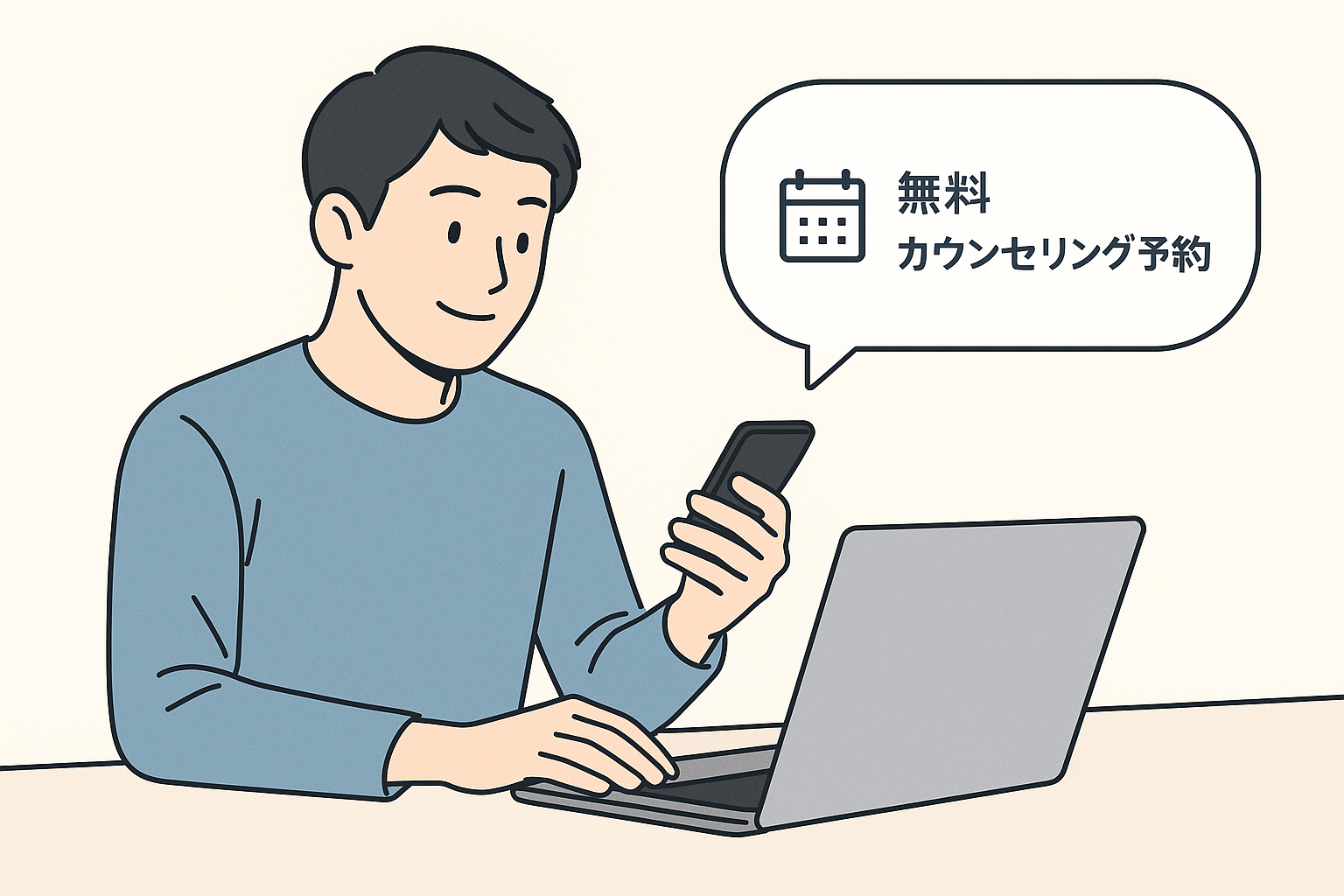 男性がスマホでカウンセリング予約をするイラスト